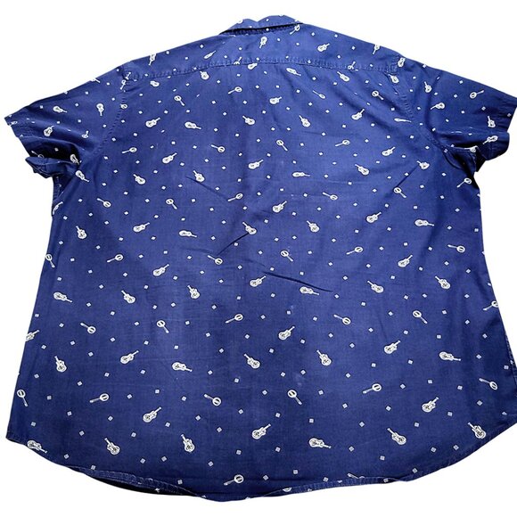 Adam Levine Guitar Print blue Short Sleeve Button-Up Shirt - Picture 2 of 4